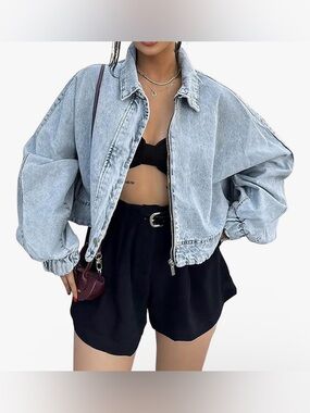 Womens OSCropped Denim Light Wash Blue Bomber Shacket- 2colors & size S-3x
